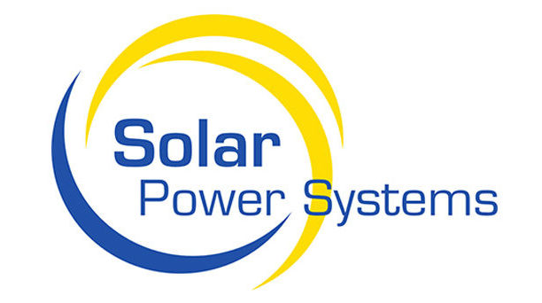 Logo van Solar Power Systems met blauwe en gele cirkels rond de bedrijfsnaam, weergegeven in blauwe en gele letters.