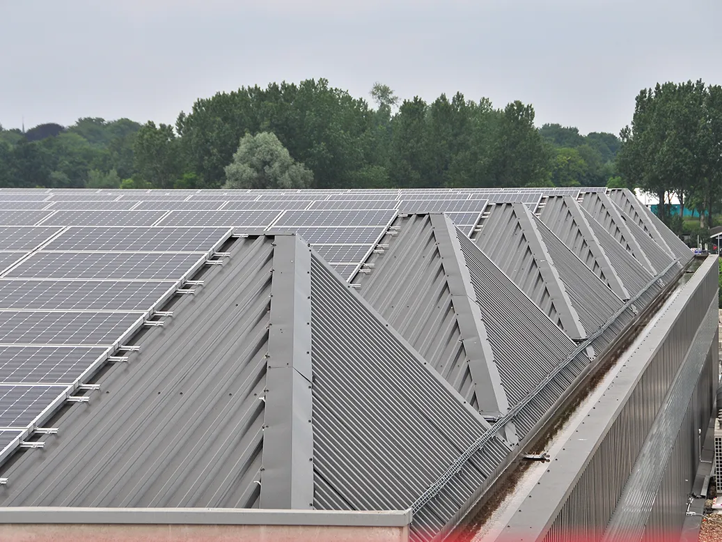 Het dak van een loods van Bruco Containers gevuld met zonnepanelen van Solar Power Systems.